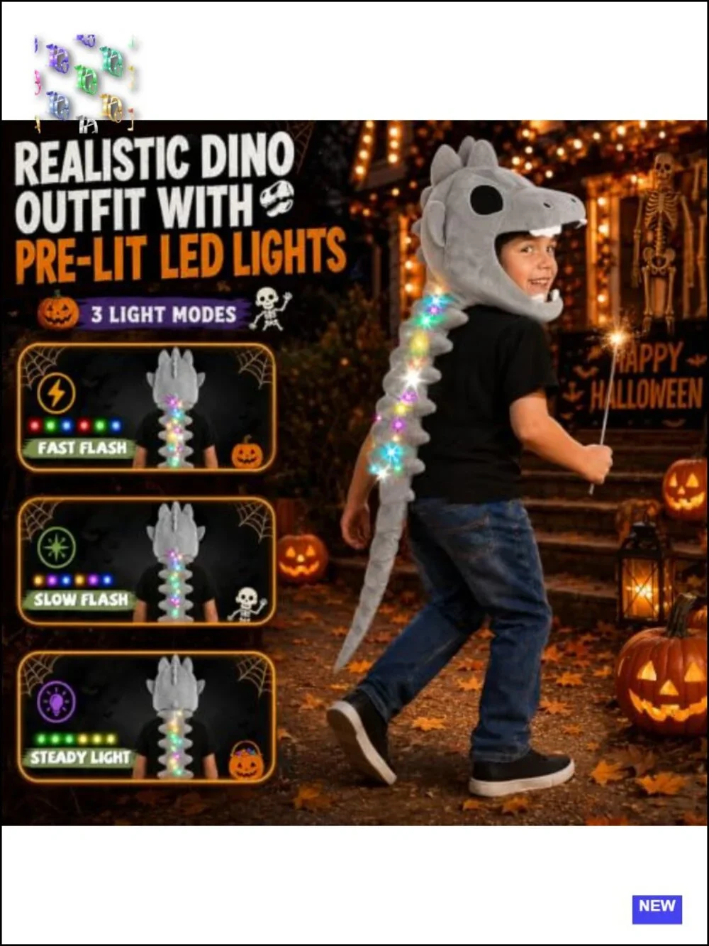 Light Up Dinosaur Skeleton Costume Kids Plush Dino Halloween Cosplay 3-8Y